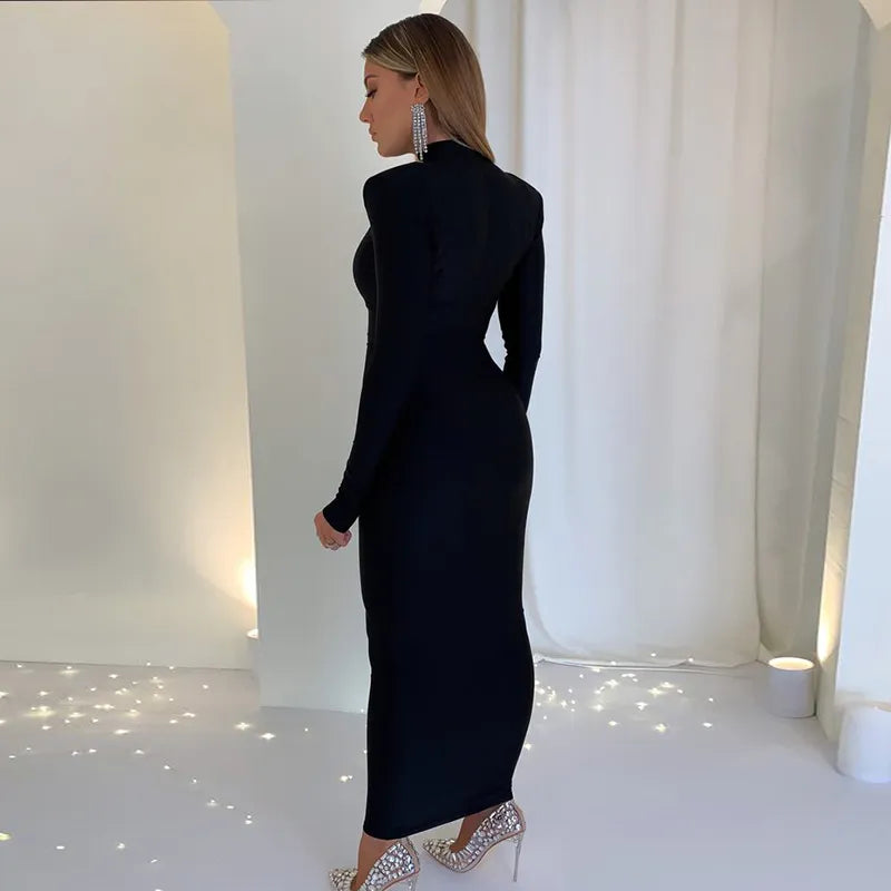 Turtleneck Slim Dress With Shoulder Pads