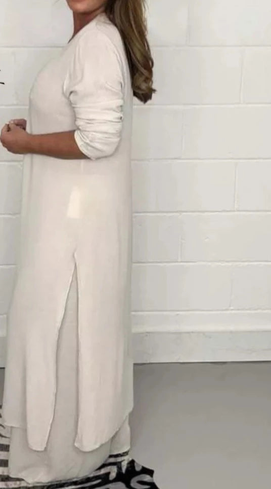 Split Long Top Casual Wide Leg Pants Two Piece Set