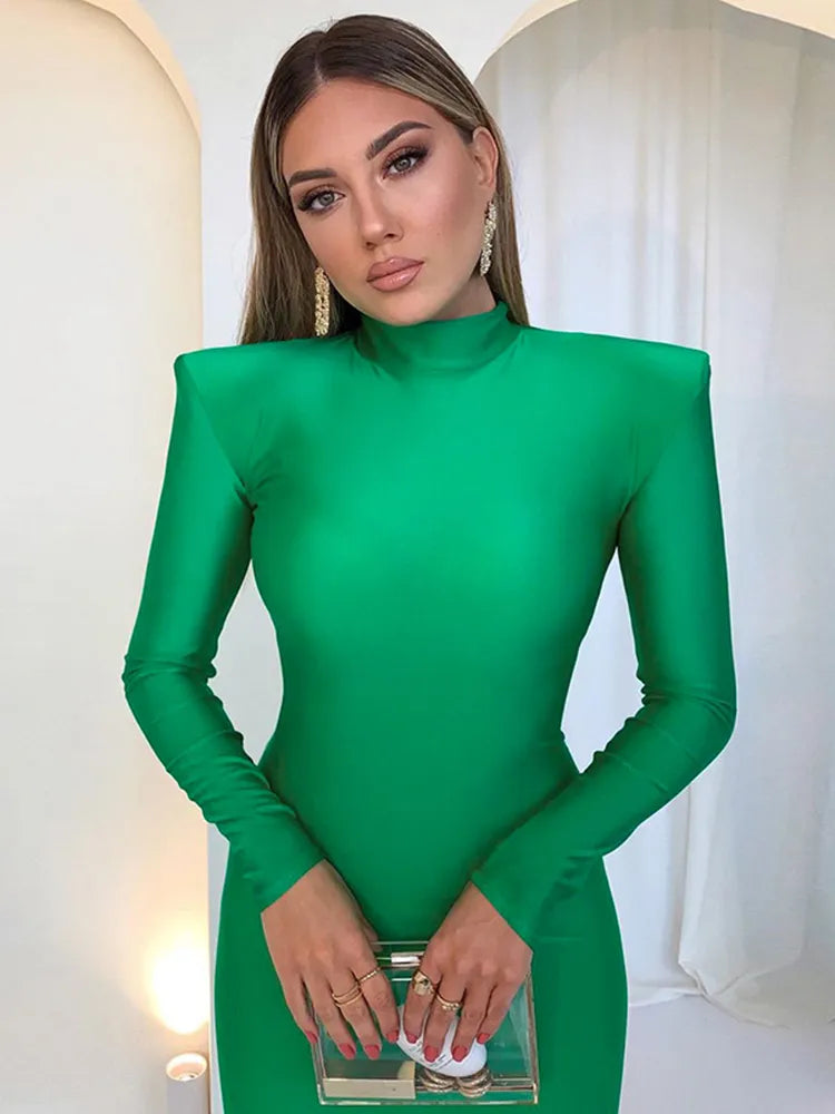 Turtleneck Slim Dress With Shoulder Pads