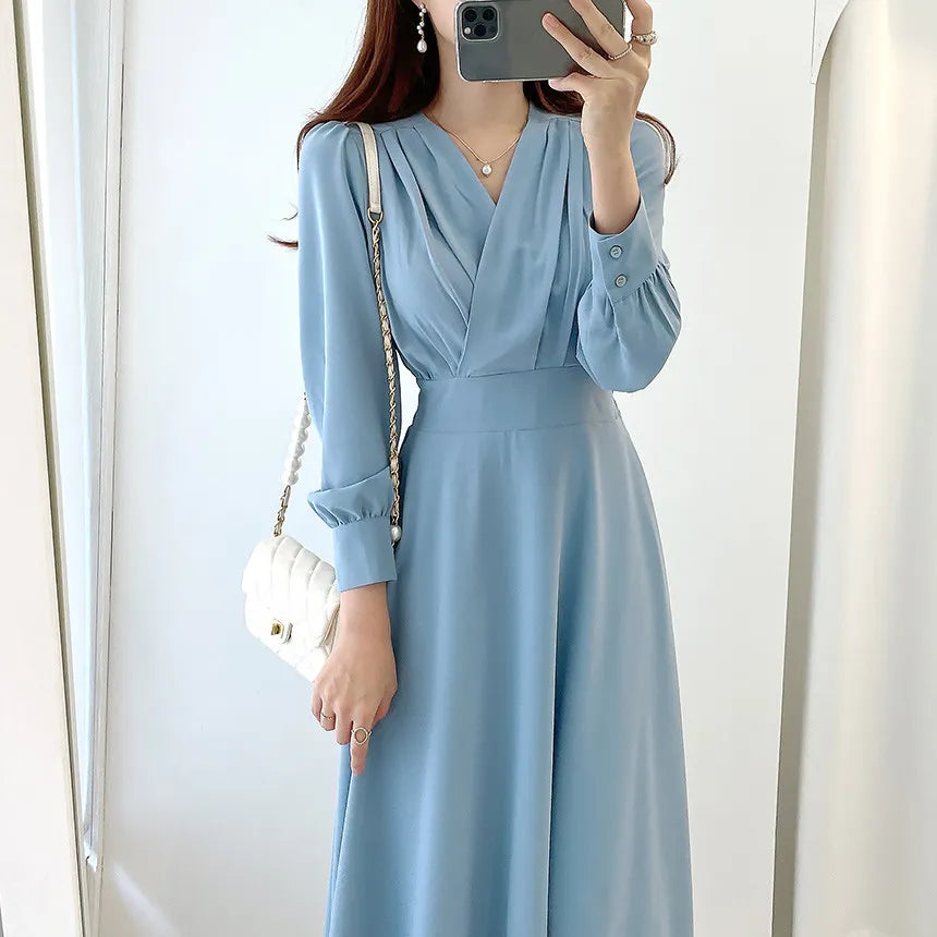 Elegant V-neck Puff Sleeve Maxi Dress