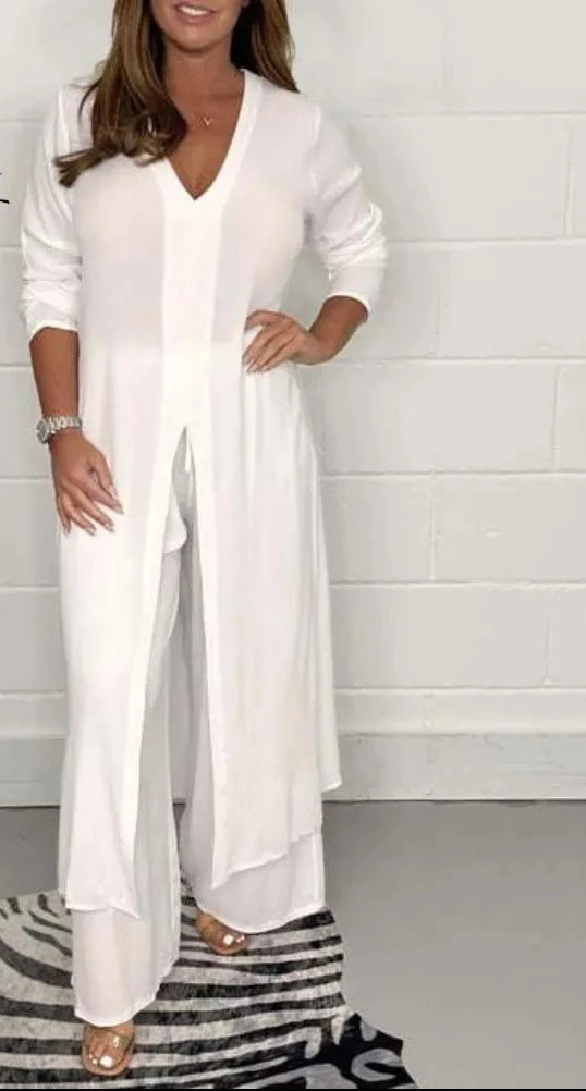 Split Long Top Casual Wide Leg Pants Two Piece Set