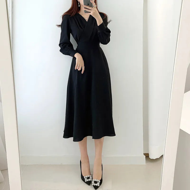 Elegant V-neck Puff Sleeve Maxi Dress