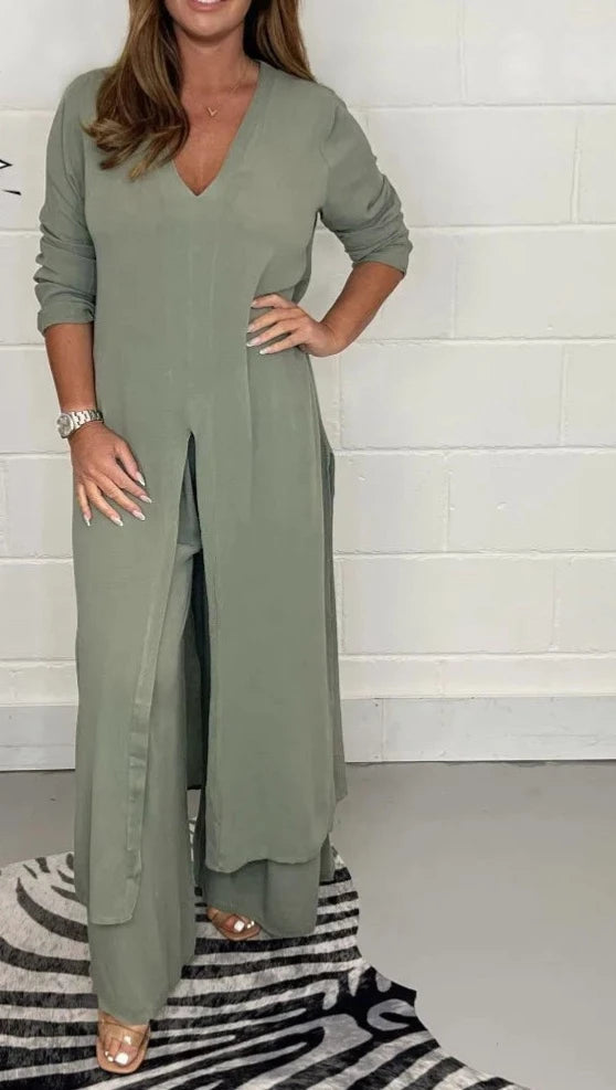 Split Long Top Casual Wide Leg Pants Two Piece Set