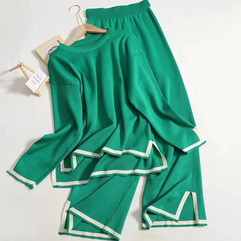 2 Piece Suits Casual Knitting Sweater and Split Long Wide Leg Pants