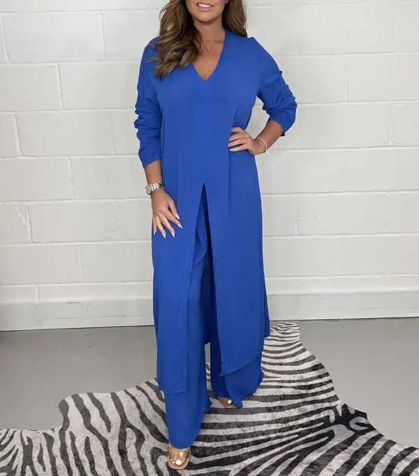 Split Long Top Casual Wide Leg Pants Two Piece Set