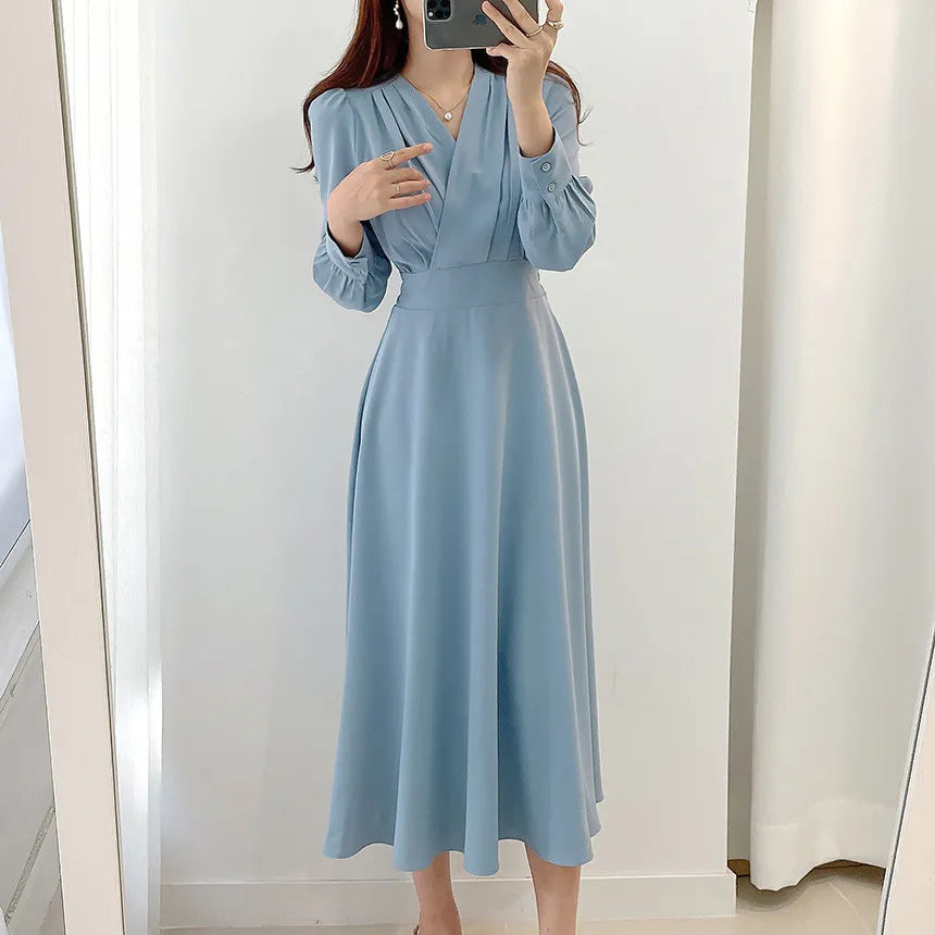 Elegant V-neck Puff Sleeve Maxi Dress